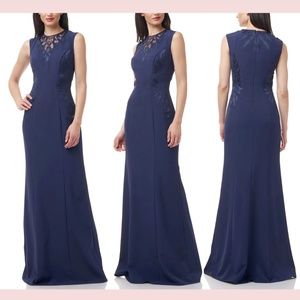 NEW $318 JS COLLECTIONS [ 6 ] Illusion Lace‎ Neck Mermaid Gown In Navy